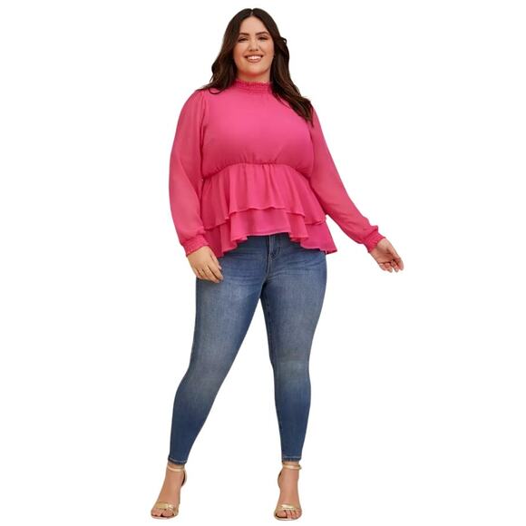 Torrid Crinkle Chiffon Smock Neck Ruffle Tiered Top Pink Like New Size 1 - Picture 2 of 8